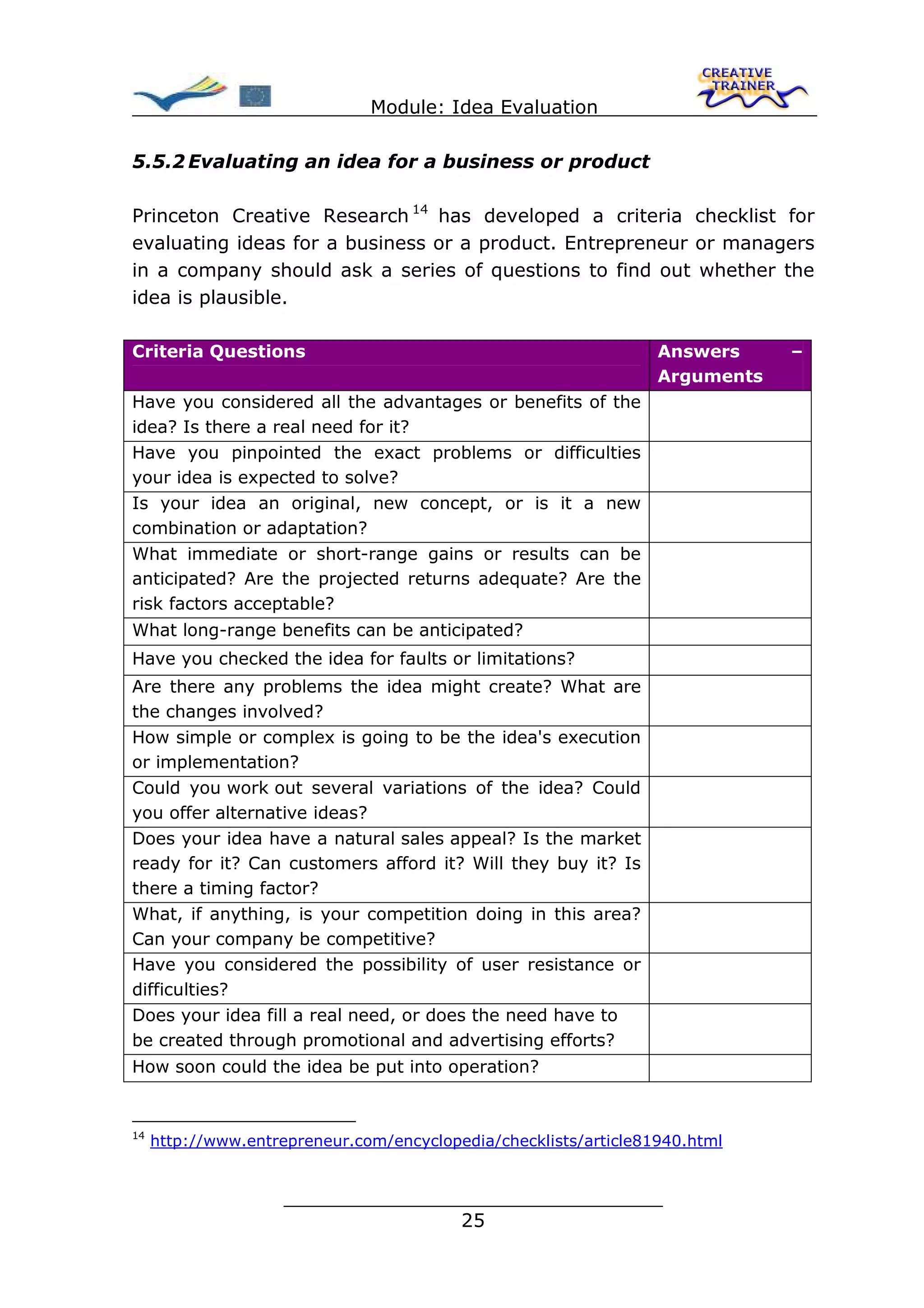 Module: Idea Evaluation

5.5.2 Evaluating an idea for a business or product

Princeton Creative Research 14 has developed a criteria checklist for
evaluating ideas for a business or a product. Entrepreneur or managers
in a company should ask a series of questions to find out whether the
idea is plausible.

Criteria Questions                                                Answers     –
                                                                  Arguments
Have you considered all the advantages or benefits of the
idea? Is there a real need for it?
Have you pinpointed the exact problems or difficulties
your idea is expected to solve?
Is your idea an original, new concept, or is it a new
combination or adaptation?
What immediate or short-range gains or results can be
anticipated? Are the projected returns adequate? Are the
risk factors acceptable?
What long-range benefits can be anticipated?
Have you checked the idea for faults or limitations?
Are there any problems the idea might create? What are
the changes involved?
How simple or complex is going to be the idea's execution
or implementation?
Could you work out several variations of the idea? Could
you offer alternative ideas?
Does your idea have a natural sales appeal? Is the market
ready for it? Can customers afford it? Will they buy it? Is
there a timing factor?
What, if anything, is your competition doing in this area?
Can your company be competitive?
Have you considered the possibility of user resistance or
difficulties?
Does your idea fill a real need, or does the need have to
be created through promotional and advertising efforts?
How soon could the idea be put into operation?


14
     http://www.entrepreneur.com/encyclopedia/checklists/article81940.html


                     ________________________________
                                    25
 