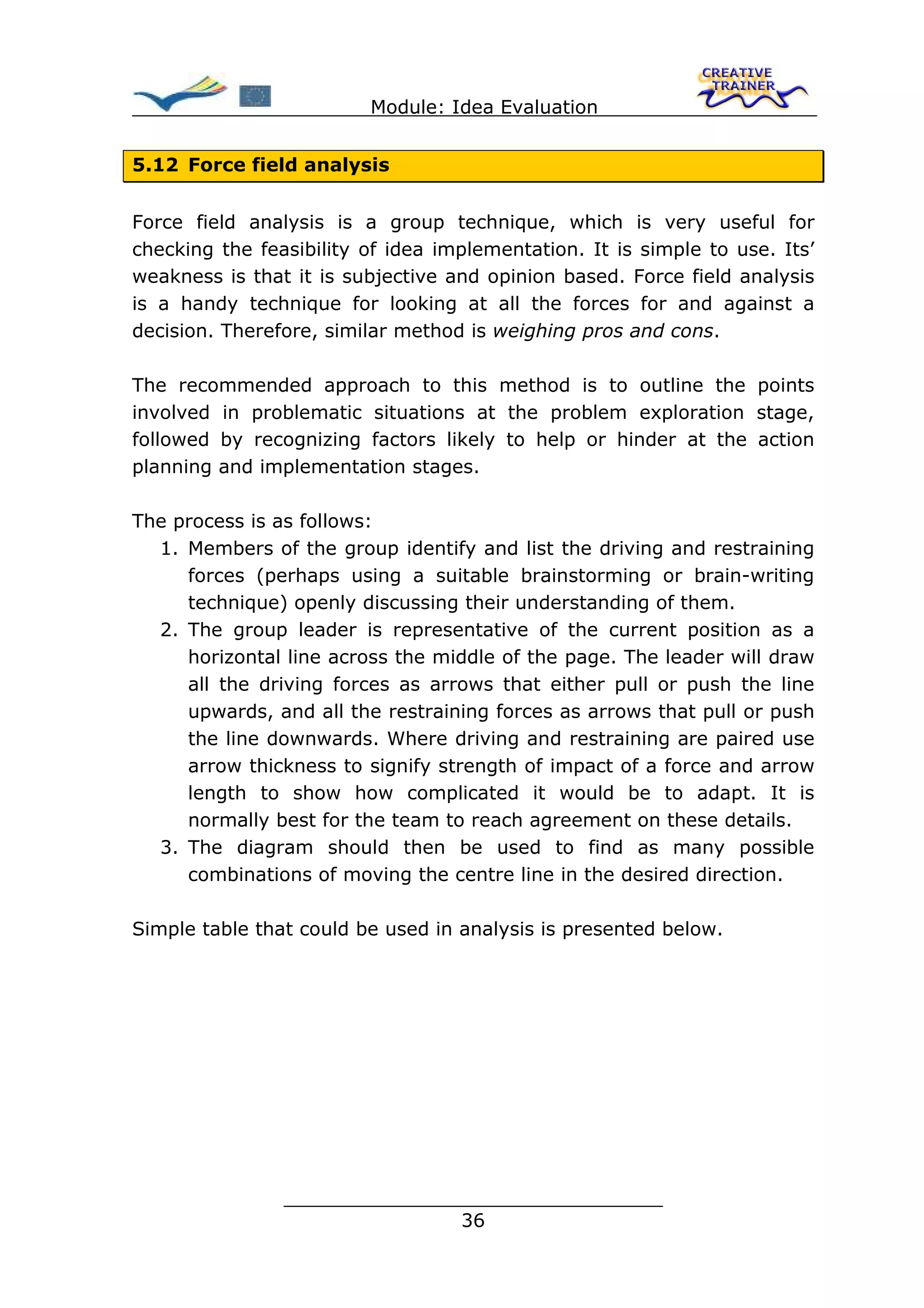 Module: Idea Evaluation


5.12 Force field analysis


Force field analysis is a group technique, which is very useful for
checking the feasibility of idea implementation. It is simple to use. Its’
weakness is that it is subjective and opinion based. Force field analysis
is a handy technique for looking at all the forces for and against a
decision. Therefore, similar method is weighing pros and cons.

The recommended approach to this method is to outline the points
involved in problematic situations at the problem exploration stage,
followed by recognizing factors likely to help or hinder at the action
planning and implementation stages.

The process is as follows:
  1. Members of the group identify and list the driving and restraining
     forces (perhaps using a suitable brainstorming or brain-writing
     technique) openly discussing their understanding of them.
  2. The group leader is representative of the current position as a
     horizontal line across the middle of the page. The leader will draw
     all the driving forces as arrows that either pull or push the line
     upwards, and all the restraining forces as arrows that pull or push
     the line downwards. Where driving and restraining are paired use
     arrow thickness to signify strength of impact of a force and arrow
     length to show how complicated it would be to adapt. It is
     normally best for the team to reach agreement on these details.
  3. The diagram should then be used to find as many possible
     combinations of moving the centre line in the desired direction.

Simple table that could be used in analysis is presented below.




                ________________________________
                               36
 