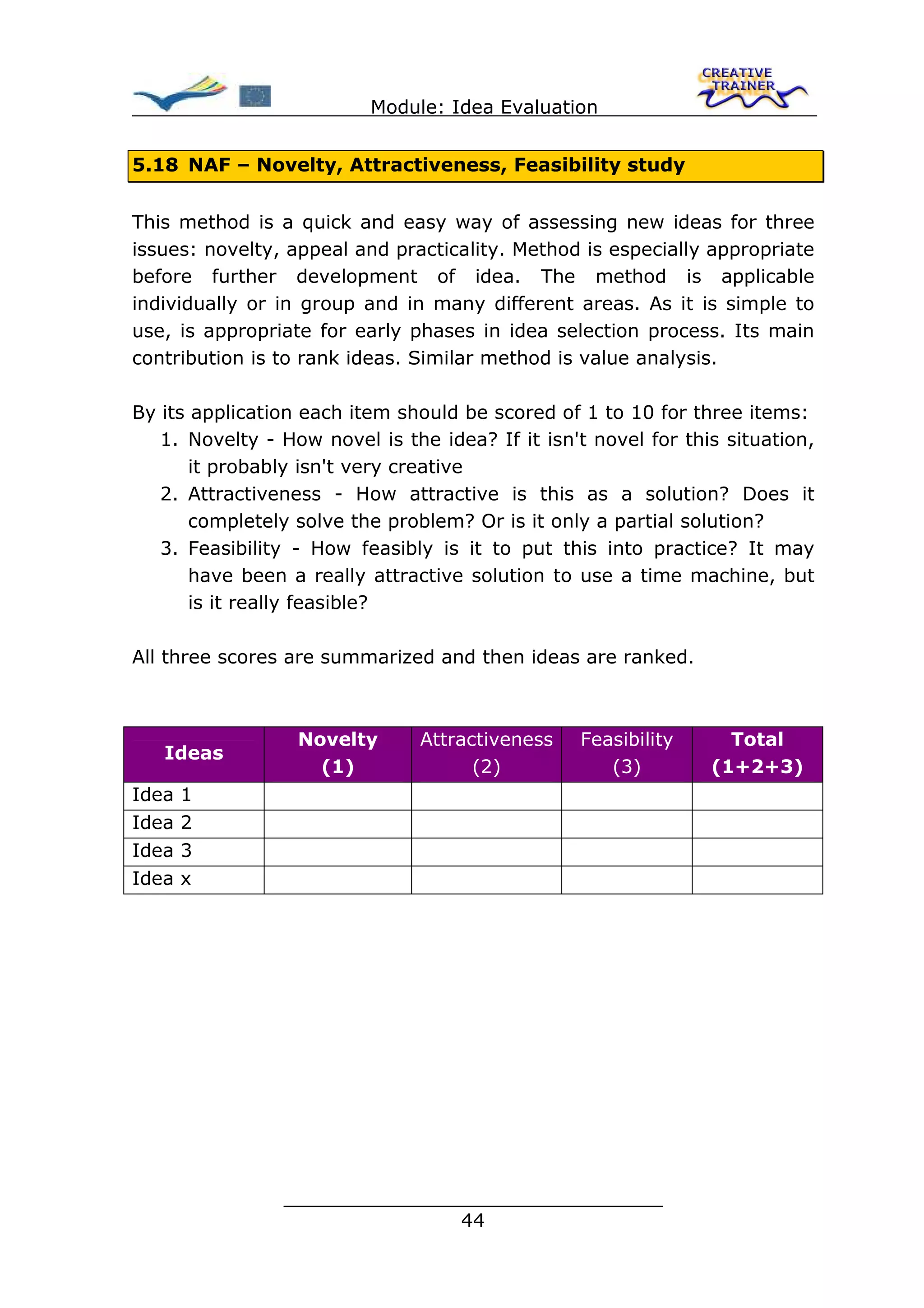 Module: Idea Evaluation


5.18 NAF – Novelty, Attractiveness, Feasibility study


This method is a quick and easy way of assessing new ideas for three
issues: novelty, appeal and practicality. Method is especially appropriate
before further development of idea. The method is applicable
individually or in group and in many different areas. As it is simple to
use, is appropriate for early phases in idea selection process. Its main
contribution is to rank ideas. Similar method is value analysis.

By its application each item should be scored of 1 to 10 for three items:
   1. Novelty - How novel is the idea? If it isn't novel for this situation,
       it probably isn't very creative
   2. Attractiveness - How attractive is this as a solution? Does it
       completely solve the problem? Or is it only a partial solution?
   3. Feasibility - How feasibly is it to put this into practice? It may
       have been a really attractive solution to use a time machine, but
       is it really feasible?

All three scores are summarized and then ideas are ranked.



                  Novelty       Attractiveness   Feasibility      Total
   Ideas
                    (1)               (2)           (3)         (1+2+3)
Idea 1
Idea 2
Idea 3
Idea x




                ________________________________
                               44
 