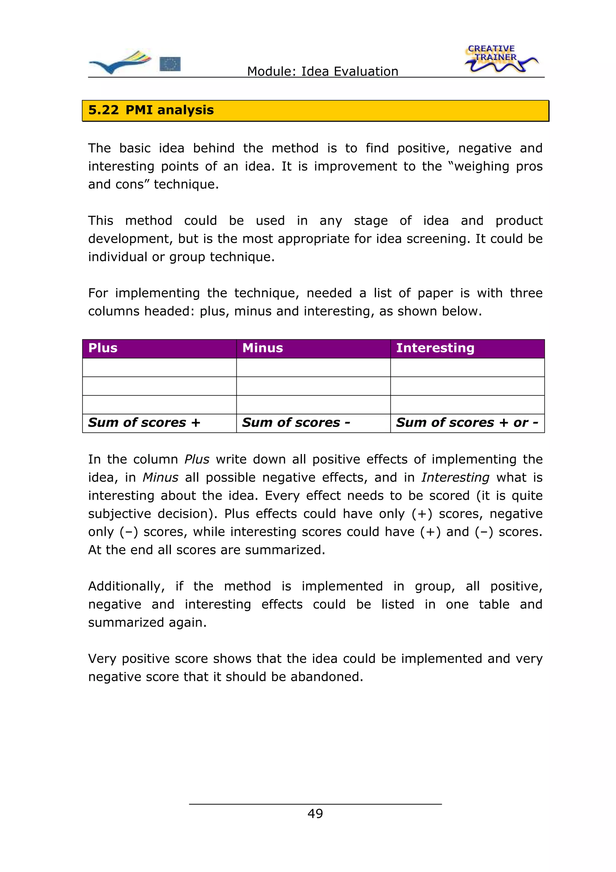 Module: Idea Evaluation


5.22 PMI analysis


The basic idea behind the method is to find positive, negative and
interesting points of an idea. It is improvement to the “weighing pros
and cons” technique.

This method could be used in any stage of idea and product
development, but is the most appropriate for idea screening. It could be
individual or group technique.

For implementing the technique, needed a list of paper is with three
columns headed: plus, minus and interesting, as shown below.

Plus                    Minus                   Interesting




Sum of scores +         Sum of scores -         Sum of scores + or -

In the column Plus write down all positive effects of implementing the
idea, in Minus all possible negative effects, and in Interesting what is
interesting about the idea. Every effect needs to be scored (it is quite
subjective decision). Plus effects could have only (+) scores, negative
only (–) scores, while interesting scores could have (+) and (–) scores.
At the end all scores are summarized.

Additionally, if the method is implemented in group, all positive,
negative and interesting effects could be listed in one table and
summarized again.

Very positive score shows that the idea could be implemented and very
negative score that it should be abandoned.




               ________________________________
                              49
 