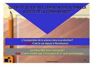 QU’EST-CE QUI EST REELLEMENT NOUVEAU DANS LA
        SOCIETE DE LA CONNAISSANCE?




        L’incorporation de la science dans la production?
             NON. C’est le cas depuis la Renaissance

                 Les labos R&D dans l’entreprise?
   NON. C’est le modèle type d’innovation du 4° cycle technologique

                                                                      68
                               © Claude Rochet
 