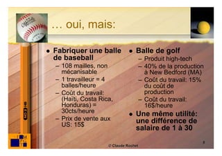 … oui, mais:

   Fabriquer une balle             Balle de golf
    de baseball                          – Produit high-tech
    – 108 mailles, non                   – 40% de la production
      mécanisable                          à New Bedford (MA)
    – 1 travailleur = 4                  – Coût du travail: 15%
      balles/heure                         du coût de
    – Coût du travail:                     production
      (Haïti, Costa Rica,                – Coût du travail:
      Honduras) =                          16$/heure
      30cts/heure                   Une même utilité:
    – Prix de vente aux              une différence de
      US: 15$
                                     salaire de 1 à 30
                                                              8
                       © Claude Rochet
 