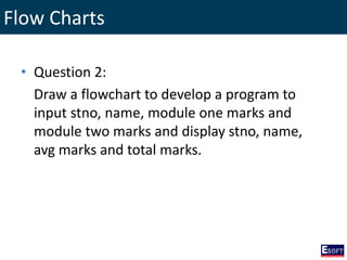 Flow Charts
• Question 2:
Draw a flowchart to develop a program to
input stno, name, module one marks and
module two marks and display stno, name,
avg marks and total marks.
 