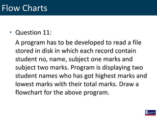 Flow Charts
• Question 11:
A program has to be developed to read a file
stored in disk in which each record contain
student no, name, subject one marks and
subject two marks. Program is displaying two
student names who has got highest marks and
lowest marks with their total marks. Draw a
flowchart for the above program.
 