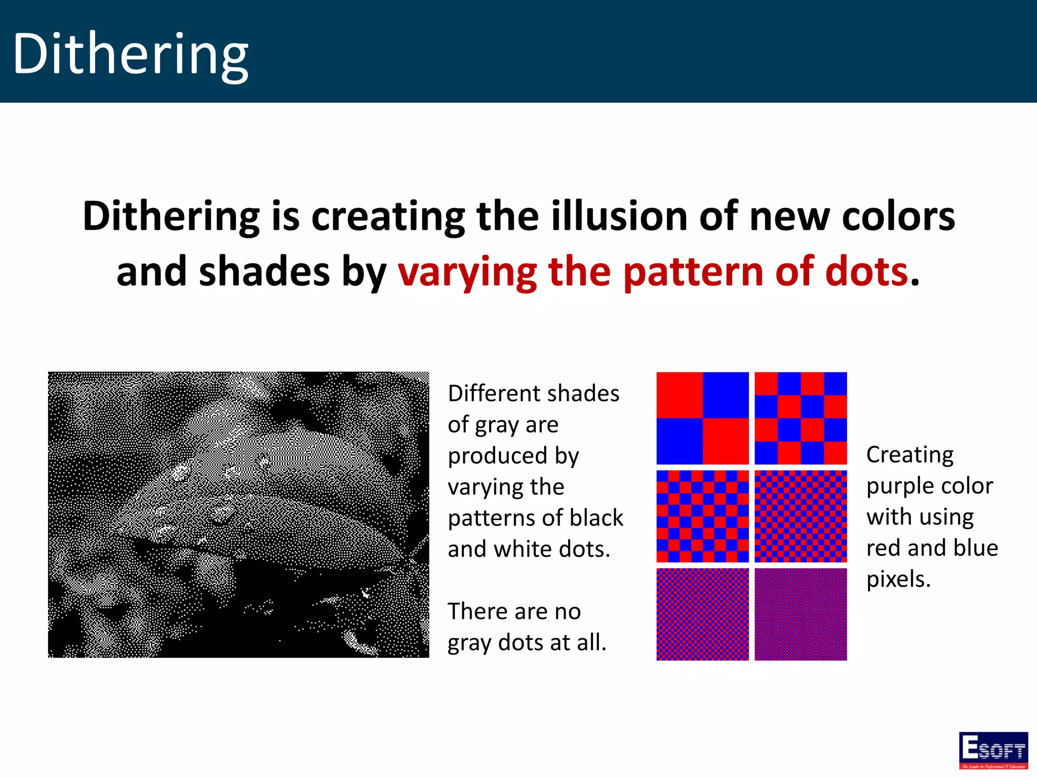 Dithering
Dithering is creating the illusion of new colors
and shades by varying the pattern of dots.
Different shades
of gray are
produced by
varying the
patterns of black
and white dots.
There are no
gray dots at all.
Creating
purple color
with using
red and blue
pixels.
 