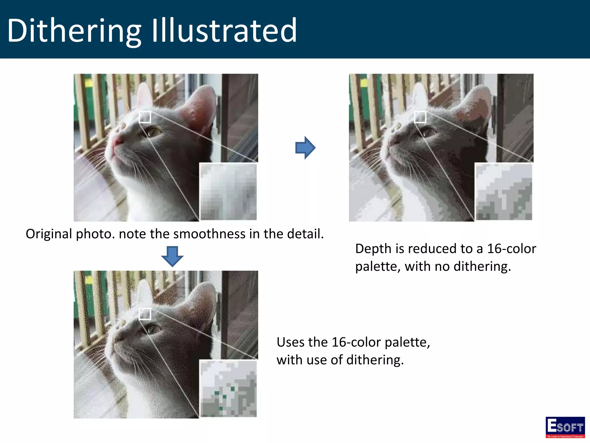 Dithering Illustrated
Original photo. note the smoothness in the detail.
Depth is reduced to a 16-color
palette, with no dithering.
Uses the 16-color palette,
with use of dithering.
 