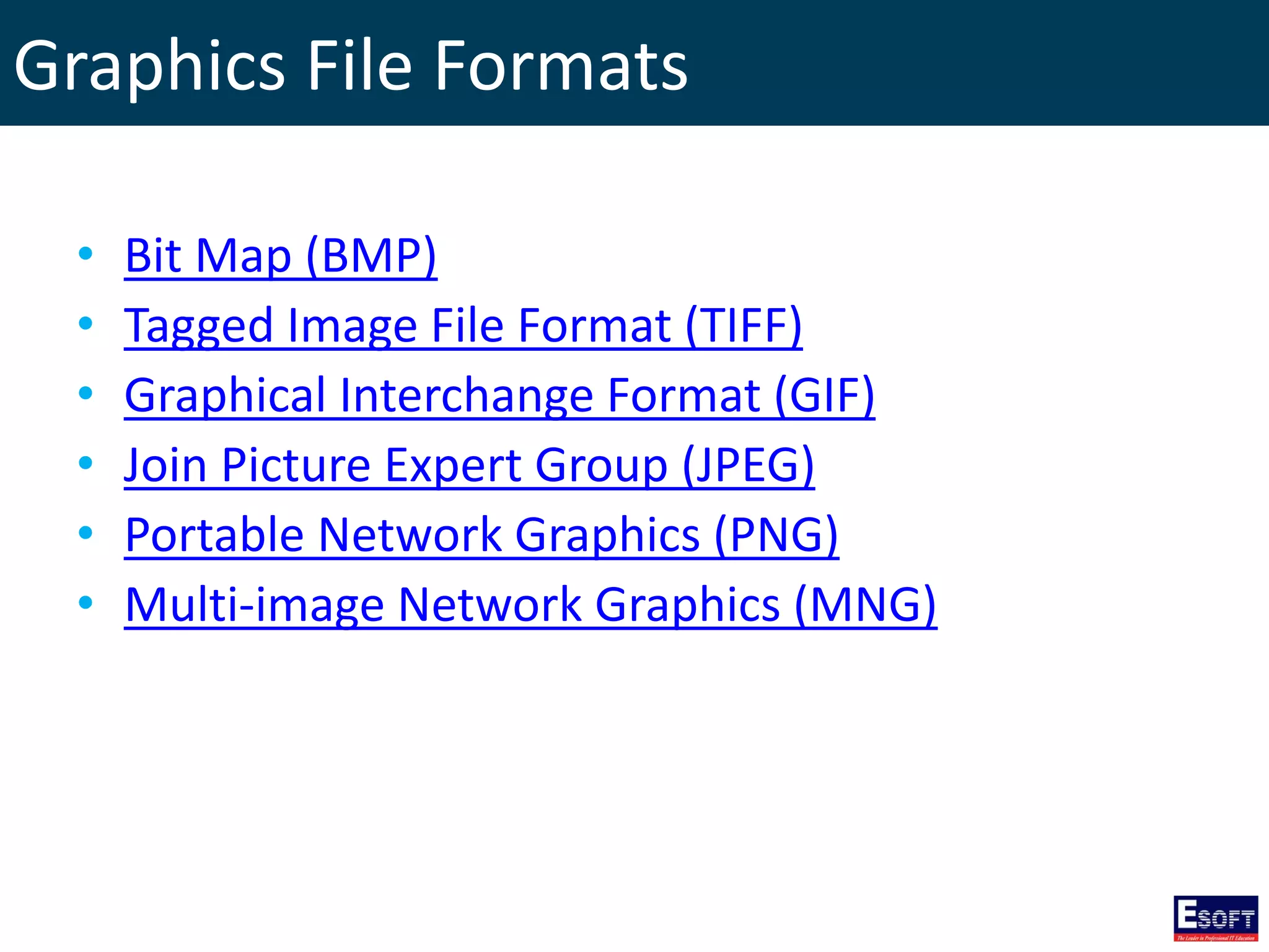 Graphics File Formats
• Bit Map (BMP)
• Tagged Image File Format (TIFF)
• Graphical Interchange Format (GIF)
• Join Picture Expert Group (JPEG)
• Portable Network Graphics (PNG)
• Multi-image Network Graphics (MNG)
 
