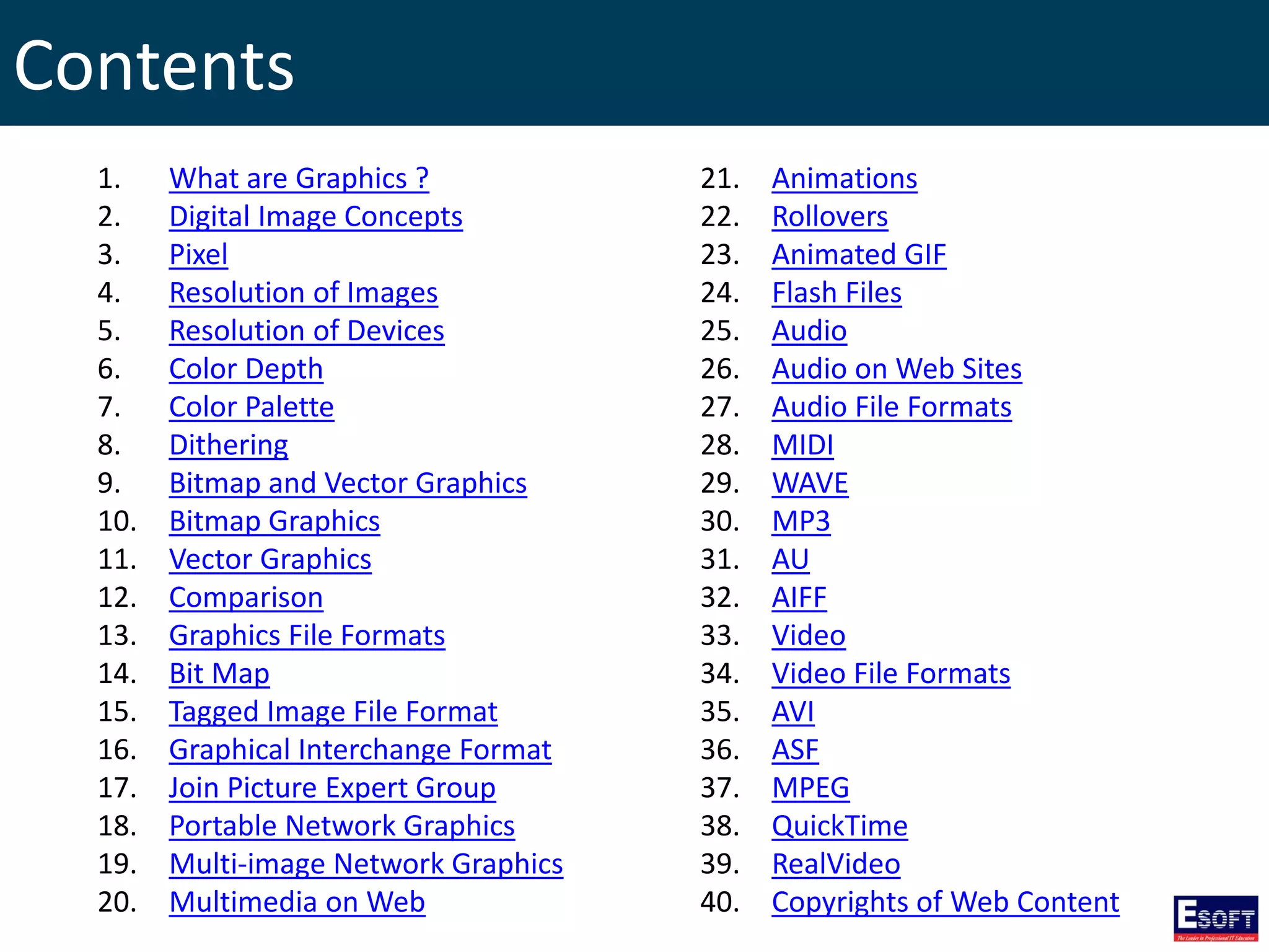 Contents
1. What are Graphics ?
2. Digital Image Concepts
3. Pixel
4. Resolution of Images
5. Resolution of Devices
6. Color Depth
7. Color Palette
8. Dithering
9. Bitmap and Vector Graphics
10. Bitmap Graphics
11. Vector Graphics
12. Comparison
13. Graphics File Formats
14. Bit Map
15. Tagged Image File Format
16. Graphical Interchange Format
17. Join Picture Expert Group
18. Portable Network Graphics
19. Multi-image Network Graphics
20. Multimedia on Web
21. Animations
22. Rollovers
23. Animated GIF
24. Flash Files
25. Audio
26. Audio on Web Sites
27. Audio File Formats
28. MIDI
29. WAVE
30. MP3
31. AU
32. AIFF
33. Video
34. Video File Formats
35. AVI
36. ASF
37. MPEG
38. QuickTime
39. RealVideo
40. Copyrights of Web Content
 