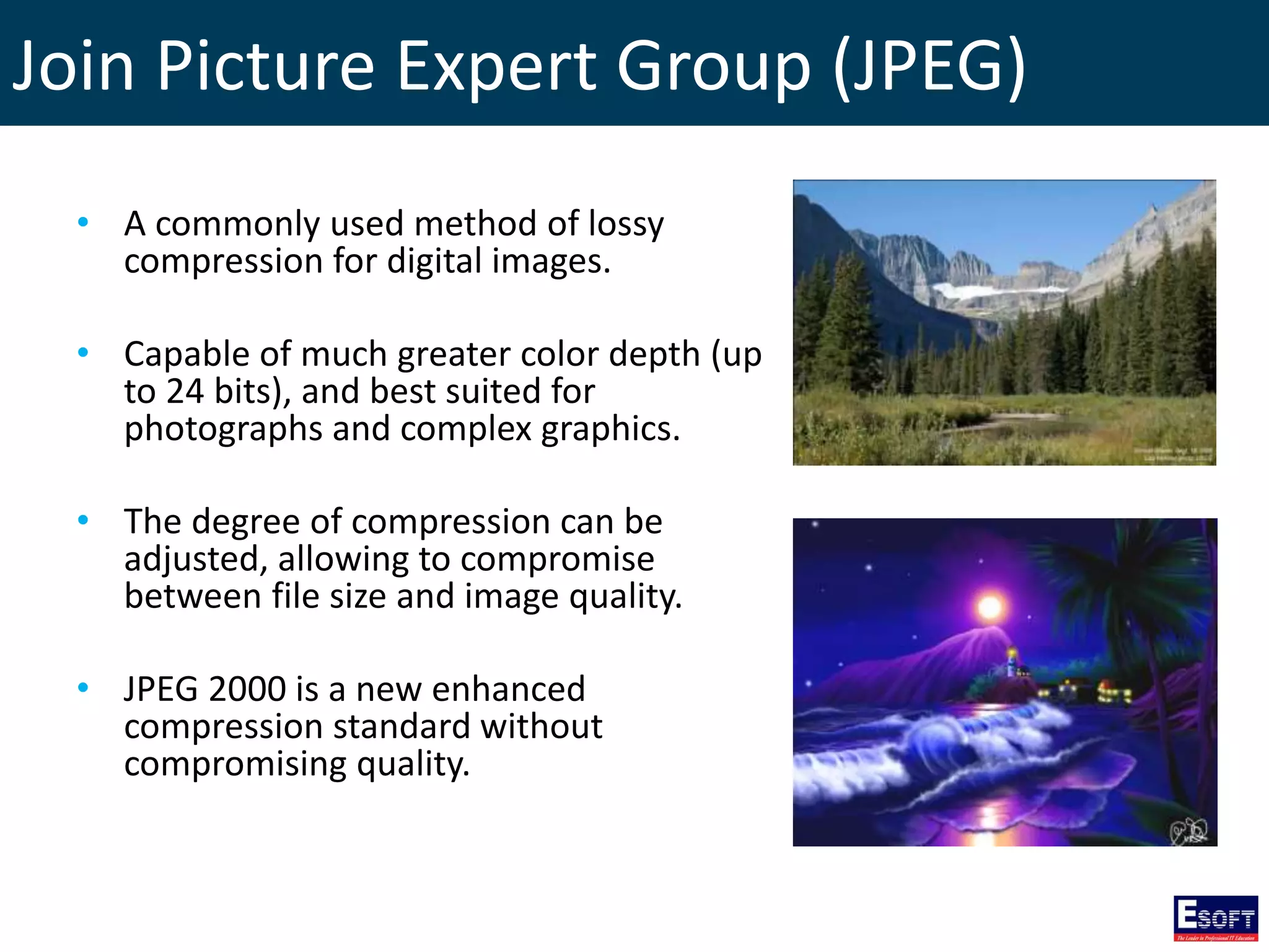 Join Picture Expert Group (JPEG)
• A commonly used method of lossy
compression for digital images.
• Capable of much greater color depth (up
to 24 bits), and best suited for
photographs and complex graphics.
• The degree of compression can be
adjusted, allowing to compromise
between file size and image quality.
• JPEG 2000 is a new enhanced
compression standard without
compromising quality.
 