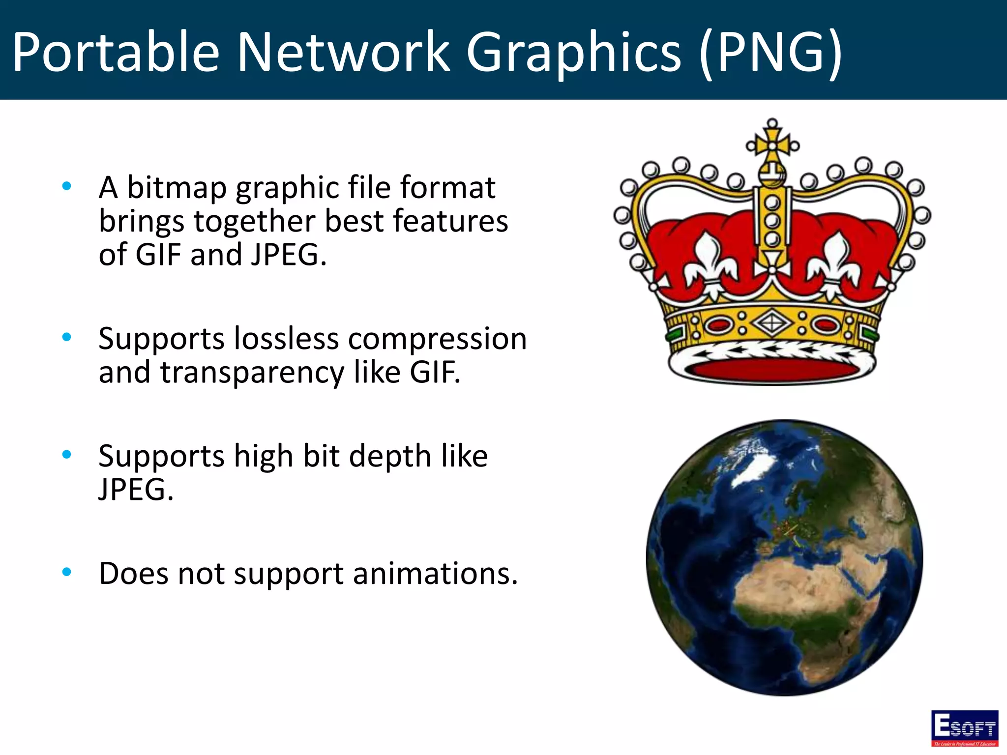 Portable Network Graphics (PNG)
• A bitmap graphic file format
brings together best features
of GIF and JPEG.
• Supports lossless compression
and transparency like GIF.
• Supports high bit depth like
JPEG.
• Does not support animations.
 