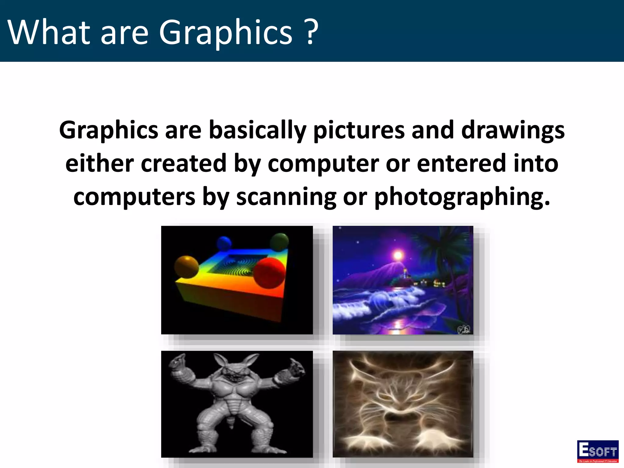 What are Graphics ?
Graphics are basically pictures and drawings
either created by computer or entered into
computers by scanning or photographing.
 