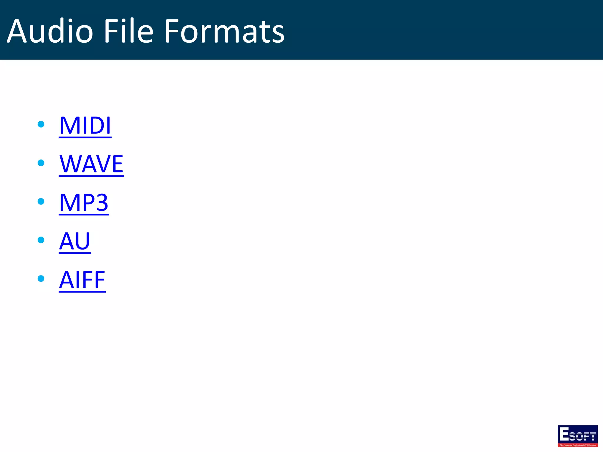 Audio File Formats
• MIDI
• WAVE
• MP3
• AU
• AIFF
 