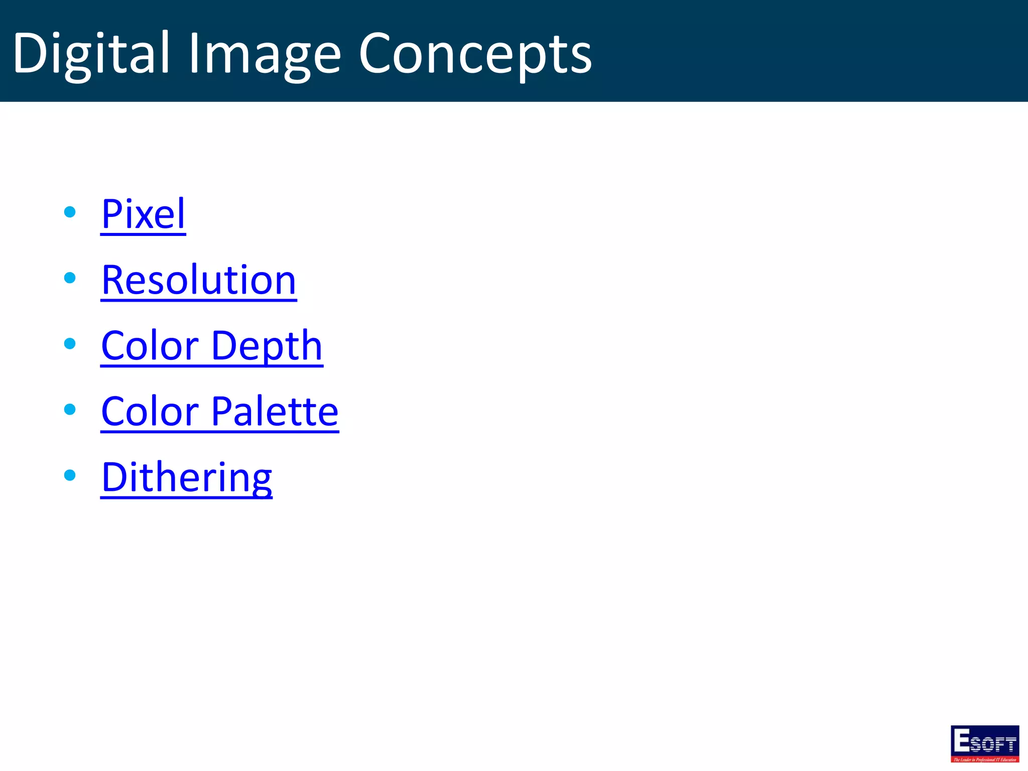 Digital Image Concepts
• Pixel
• Resolution
• Color Depth
• Color Palette
• Dithering
 