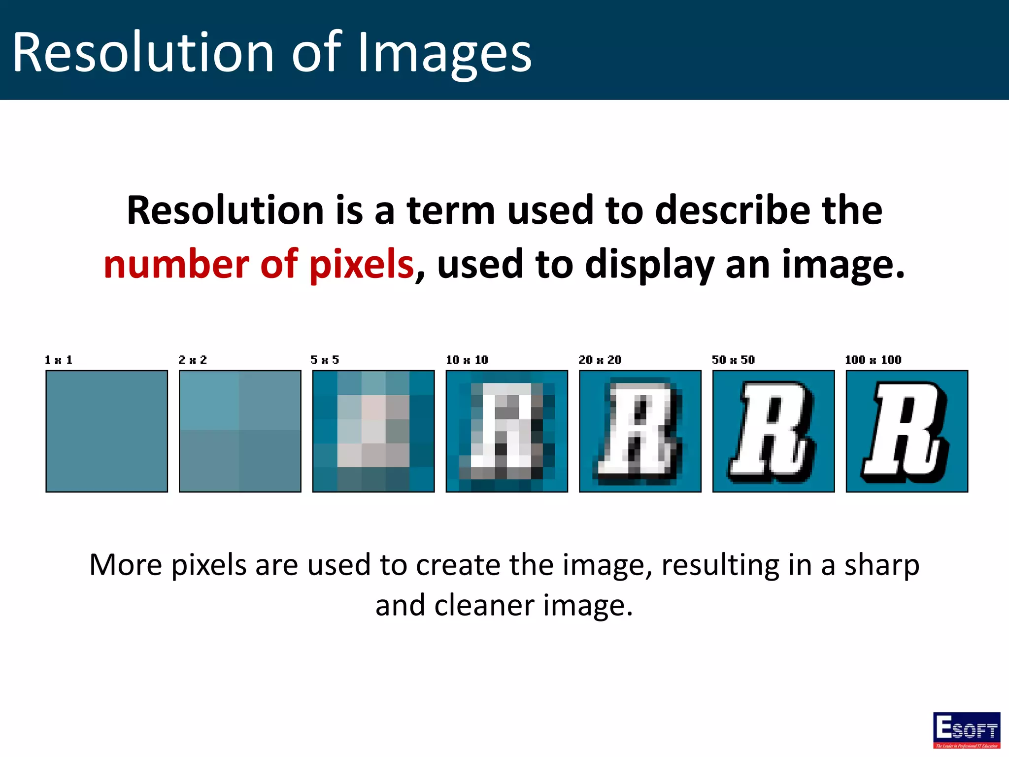 Resolution of Images
Resolution is a term used to describe the
number of pixels, used to display an image.
More pixels are used to create the image, resulting in a sharp
and cleaner image.
 