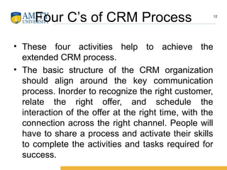 Four C’s of CRM Process
• These four activities help to achieve the
extended CRM process.
• The basic structure of the CRM organization
should align around the key communication
process. Inorder to recognize the right customer,
relate the right offer, and schedule the
interaction of the offer at the right time, with the
connection across the right channel. People will
have to share a process and activate their skills
to complete the activities and tasks required for
success.
12
 