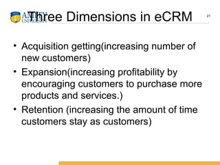 Three Dimensions in eCRM
• Acquisition getting(increasing number of
new customers)
• Expansion(increasing profitability by
encouraging customers to purchase more
products and services.)
• Retention (increasing the amount of time
customers stay as customers)
21
 