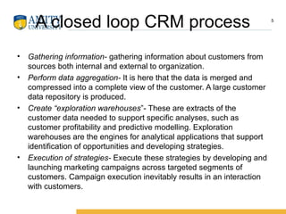 A closed loop CRM process
• Gathering information- gathering information about customers from
sources both internal and external to organization.
• Perform data aggregation- It is here that the data is merged and
compressed into a complete view of the customer. A large customer
data repository is produced.
• Create “exploration warehouses”- These are extracts of the
customer data needed to support specific analyses, such as
customer profitability and predictive modelling. Exploration
warehouses are the engines for analytical applications that support
identification of opportunities and developing strategies.
• Execution of strategies- Execute these strategies by developing and
launching marketing campaigns across targeted segments of
customers. Campaign execution inevitably results in an interaction
with customers.
5
 
