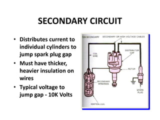 SECONDARY CIRCUIT
• Distributes current to
individual cylinders to
jump spark plug gap
• Must have thicker,
heavier insulation on
wires
• Typical voltage to
jump gap - 10K Volts
 