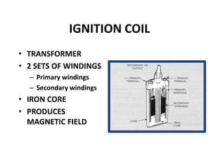 IGNITION COIL
• TRANSFORMER
• 2 SETS OF WINDINGS
– Primary windings
– Secondary windings
• IRON CORE
• PRODUCES
MAGNETIC FIELD
 