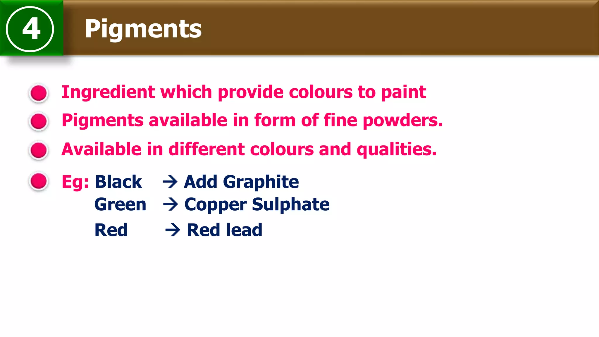 Pigments4
Ingredient which provide colours to paint
Eg: Black  Add Graphite
Pigments available in form of fine powders.
Green  Copper Sulphate
Red  Red lead
Available in different colours and qualities.
 