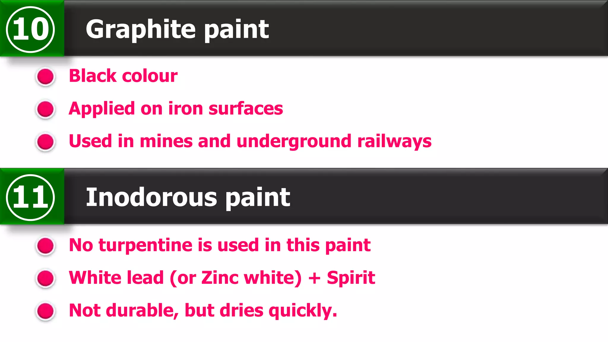 Graphite paint10
Black colour
Applied on iron surfaces
Used in mines and underground railways
Inodorous paint11
No turpentine is used in this paint
White lead (or Zinc white) + Spirit
Not durable, but dries quickly.
 