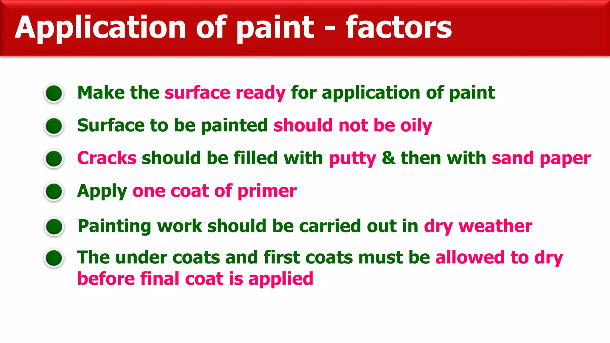 Application of paint - factors
Make the surface ready for application of paint
Surface to be painted should not be oily
Cracks should be filled with putty & then with sand paper
Apply one coat of primer
Painting work should be carried out in dry weather
The under coats and first coats must be allowed to dry
before final coat is applied
 
