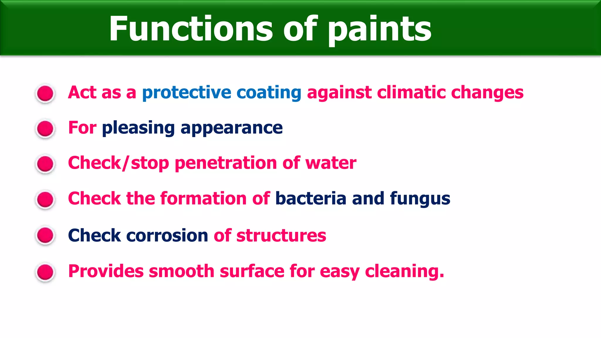 Functions of paints
For pleasing appearance
Check/stop penetration of water
Check the formation of bacteria and fungus
Check corrosion of structures
Act as a protective coating against climatic changes
Provides smooth surface for easy cleaning.
 