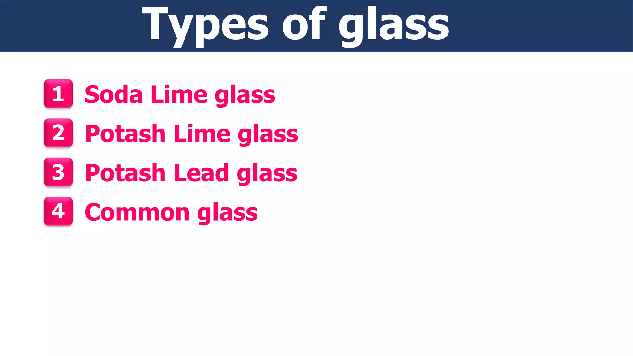 Types of glass
Soda Lime glass1
Potash Lime glass2
Potash Lead glass3
Common glass4
 