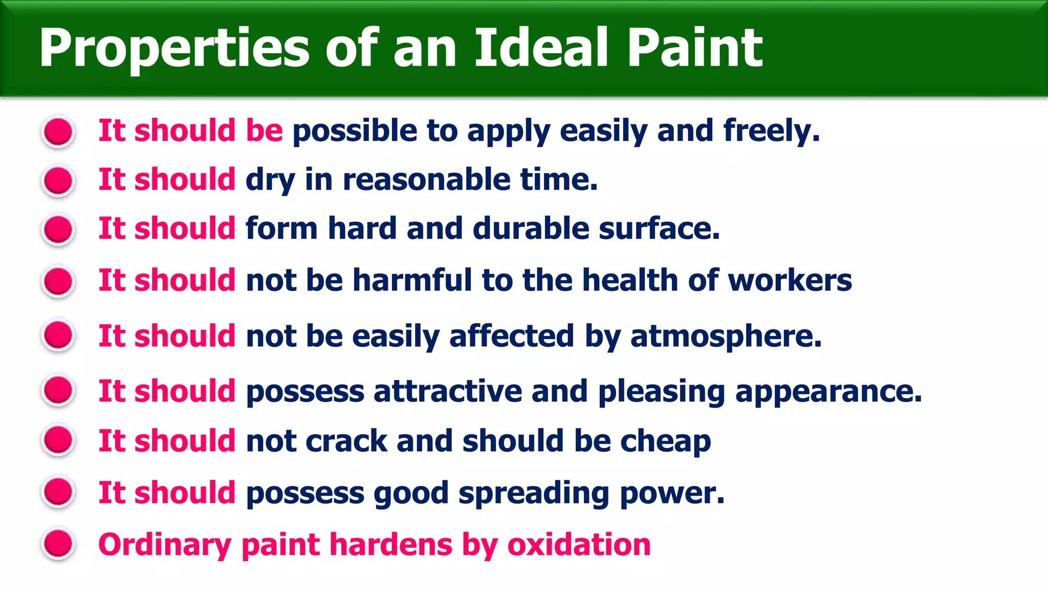 Properties of an Ideal Paint
It should be possible to apply easily and freely.
It should form hard and durable surface.
It should not be harmful to the health of workers
It should not be easily affected by atmosphere.
It should possess attractive and pleasing appearance.
It should dry in reasonable time.
It should not crack and should be cheap
It should possess good spreading power.
Ordinary paint hardens by oxidation
 