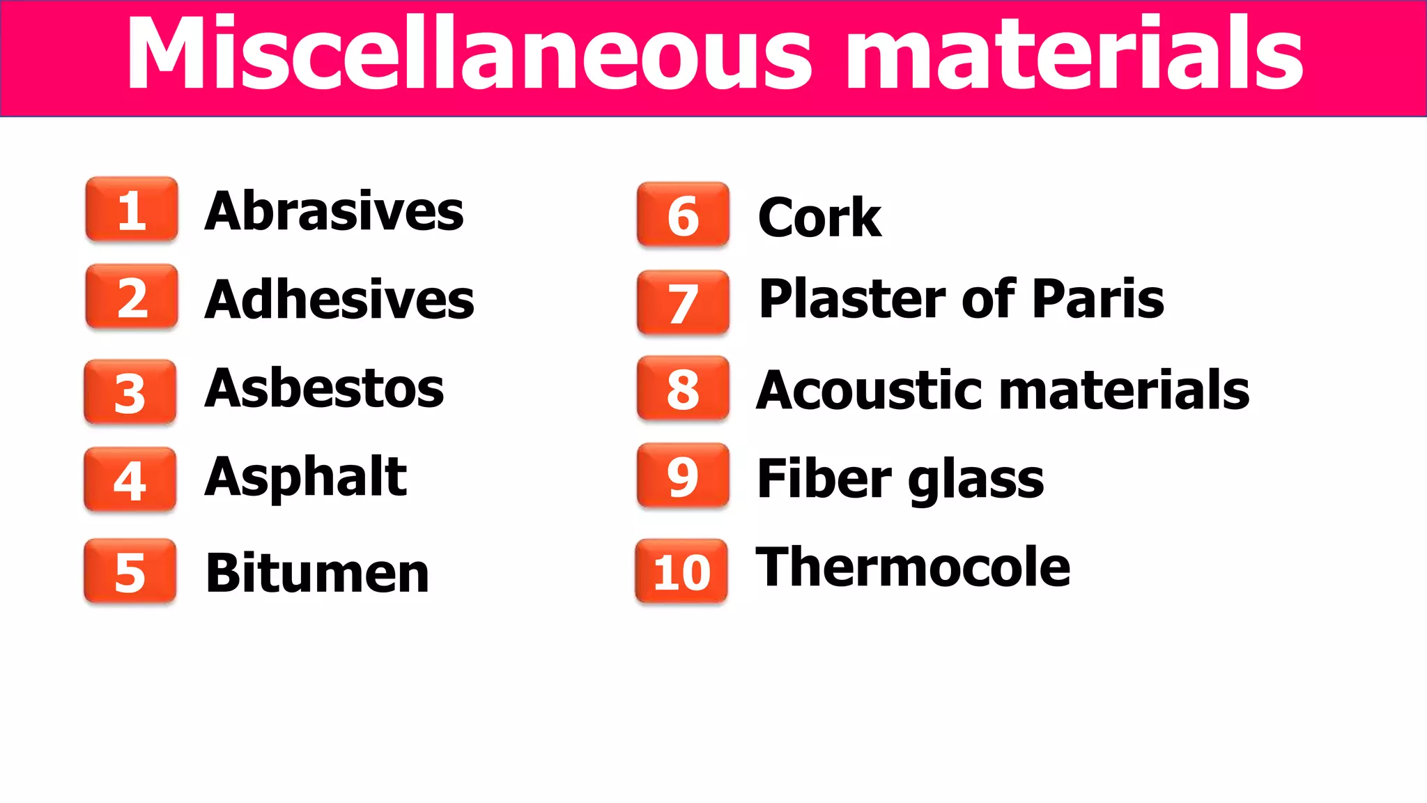 Miscellaneous materials
Abrasives1
Adhesives
Asbestos
Asphalt
Bitumen
Cork
Plaster of Paris2
3
4
5
6
7
Acoustic materials8
Fiber glass
Thermocole
9
10
 