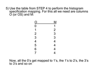 5) Use the table from STEP 4 to perform the histogram
specification mapping. For this all we need are columns
O (or OS) and M:
O M
0 1
1 2
2 3
3 3
4 4
5 4
6 4
7 4
Now, all the 0’s get mapped to 1’s, the 1’s to 2’s, the 3’s
to 3’s and so on
 