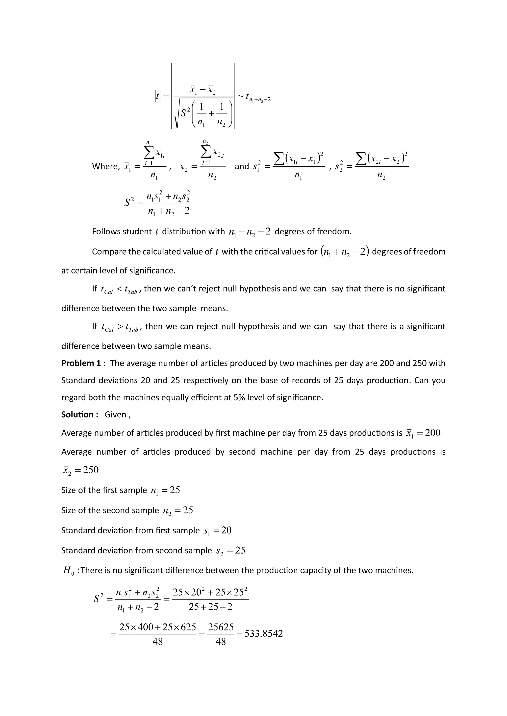 2
2
1
2
2
1
2
1
~
1
1
−
+








+
−
= n
n
t
n
n
S
x
x
t
Where,
1
1
1
1
1
n
x
x
n
i
i

=
= ,
2
1
2
2
2
n
x
x
n
j
j

=
= and
( )
1
2
1
1
2
1
n
x
x
s
i
 −
= ,
( )
2
2
2
2
2
2
n
x
x
s
i
 −
=
2
2
1
2
2
2
2
1
1
2
−
+
+
=
n
n
s
n
s
n
S
Follows student t distribution with 2
2
1 −
+ n
n degrees of freedom.
Compare the calculated value of t with the critical values for ( )
2
2
1 −
+ n
n degrees of freedom
at certain level of significance.
If Tab
Cal t
t  , then we can’t reject null hypothesis and we can say that there is no significant
difference between the two sample means.
If Tab
Cal t
t  , then we can reject null hypothesis and we can say that there is a significant
difference between two sample means.
Problem 1 : The average number of articles produced by two machines per day are 200 and 250 with
Standard deviations 20 and 25 respectively on the base of records of 25 days production. Can you
regard both the machines equally efficient at 5% level of significance.
Solution : Given ,
Average number of articles produced by first machine per day from 25 days productions is 200
1 =
x
Average number of articles produced by second machine per day from 25 days productions is
250
2 =
x
Size of the first sample 25
1 =
n
Size of the second sample 25
2 =
n
Standard deviation from first sample 20
1 =
s
Standard deviation from second sample 25
2 =
s
:
0
H There is no significant difference between the production capacity of the two machines.
2
25
25
25
25
20
25
2
2
2
2
1
2
2
2
2
1
1
2
−
+

+

=
−
+
+
=
n
n
s
n
s
n
S
8542
.
533
48
25625
48
625
25
400
25
=
=

+

=
 