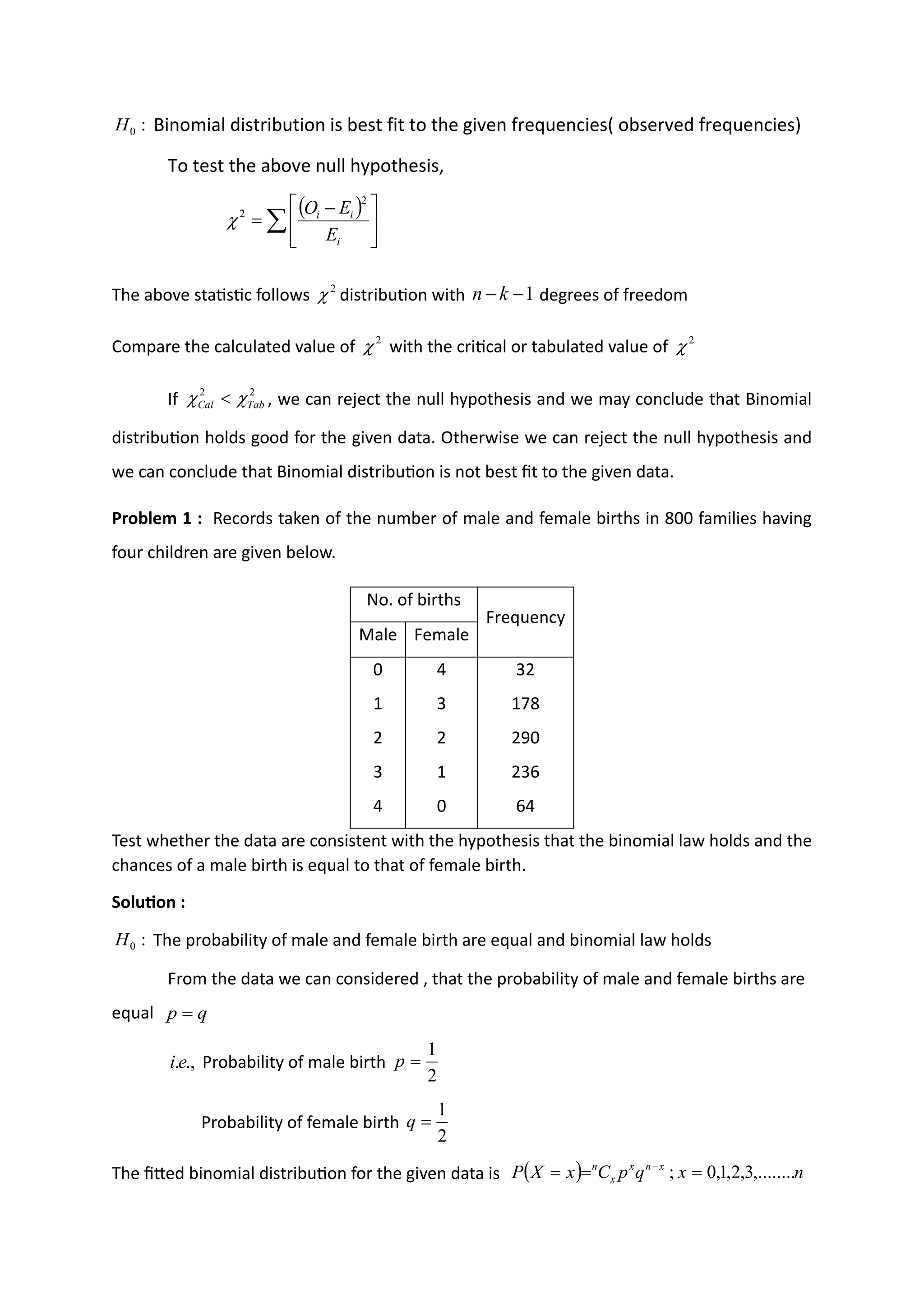Binomial distribution is best fit to the given frequencies( observed frequencies)
To test the above null hypothesis,
The above statistic follows distribution with degrees of freedom
Compare the calculated value of with the critical or tabulated value of
If , we can reject the null hypothesis and we may conclude that Binomial
distribution holds good for the given data. Otherwise we can reject the null hypothesis and
we can conclude that Binomial distribution is not best fit to the given data.
Problem 1 : Records taken of the number of male and female births in 800 families having
four children are given below.
No. of births
Frequency
Male Female
0 4 32
1 3 178
2 2 290
3 1 236
4 0 64
Test whether the data are consistent with the hypothesis that the binomial law holds and the
chances of a male birth is equal to that of female birth.
Solution :
The probability of male and female birth are equal and binomial law holds
From the data we can considered , that the probability of male and female births are
equal
Probability of male birth
Probability of female birth
The fitted binomial distribution for the given data is
:
0
H
( )
 




 −
=
i
i
i
E
E
O
2
2

2
 1
−
− k
n
2
 2

2
2
Tab
Cal 
 
:
0
H
q
p =
.,
.e
i
2
1
=
p
2
1
=
q
( ) n
x
q
p
C
x
X
P x
n
x
x
n
,........
3
,
2
,
1
,
0
; =
=
= −
 