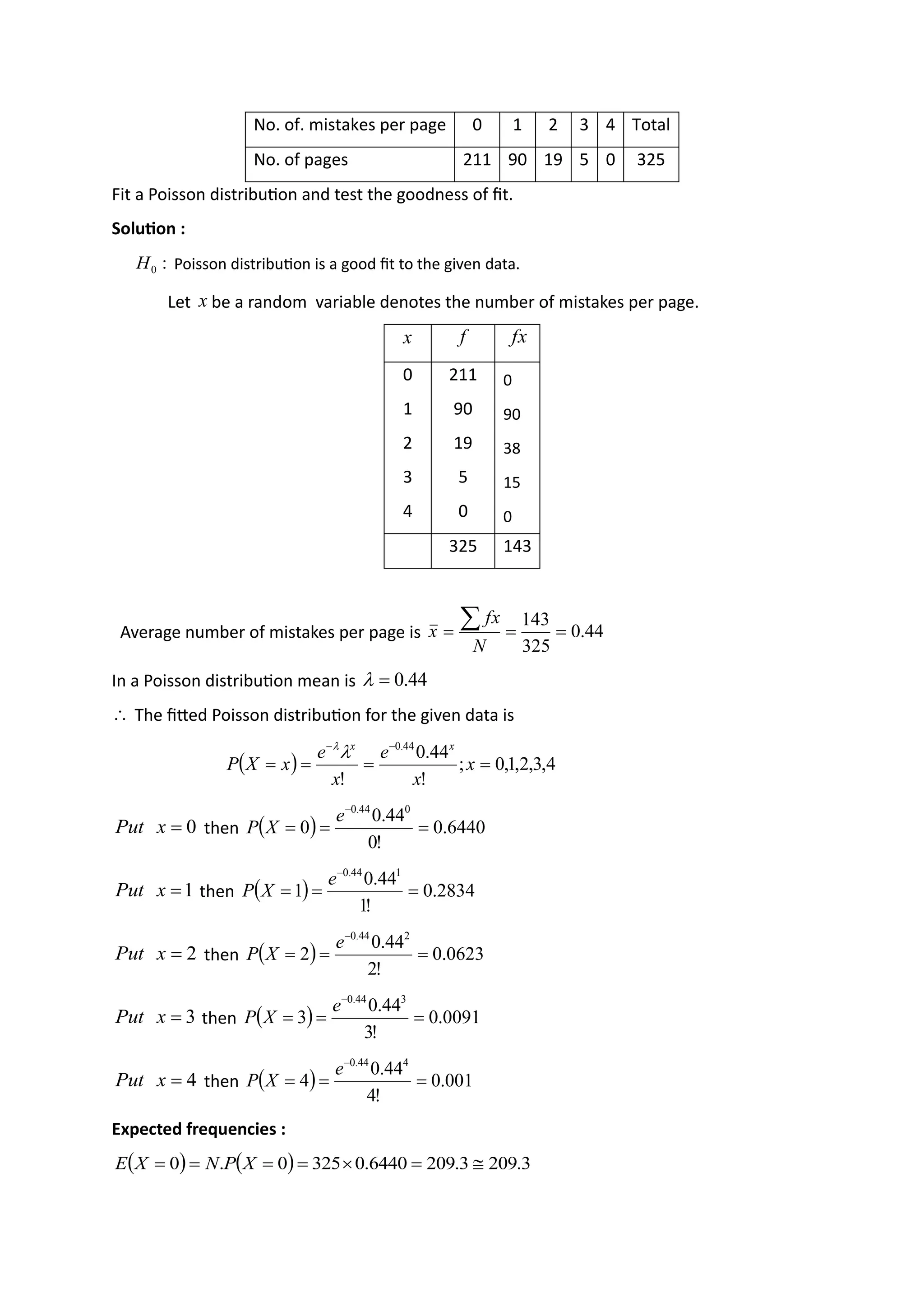 No. of. mistakes per page 0 1 2 3 4 Total
No. of pages 211 90 19 5 0 325
Fit a Poisson distribution and test the goodness of fit.
Solution :
Poisson distribution is a good fit to the given data.
Let be a random variable denotes the number of mistakes per page.
0 211 0
1 90 90
2 19 38
3 5 15
4 0 0
325 143
Average number of mistakes per page is
In a Poisson distribution mean is
The fitted Poisson distribution for the given data is
then
then
then
then
then
Expected frequencies :
:
0
H
x
x f fx
44
.
0
325
143
=
=
=

N
fx
x
44
.
0
=


( ) 4
,
3
,
2
,
1
,
0
;
!
44
.
0
!
44
.
0
=
=
=
=
−
−
x
x
e
x
e
x
X
P
x
x


Put 0
=
x ( ) 6440
.
0
!
0
44
.
0
0
0
44
.
0
=
=
=
−
e
X
P
Put 1
=
x ( ) 2834
.
0
!
1
44
.
0
1
1
44
.
0
=
=
=
−
e
X
P
Put 2
=
x ( ) 0623
.
0
!
2
44
.
0
2
2
44
.
0
=
=
=
−
e
X
P
Put 3
=
x ( ) 0091
.
0
!
3
44
.
0
3
3
44
.
0
=
=
=
−
e
X
P
Put 4
=
x ( ) 001
.
0
!
4
44
.
0
4
4
44
.
0
=
=
=
−
e
X
P
( ) ( ) 3
.
209
3
.
209
6440
.
0
325
0
.
0 
=

=
=
=
= X
P
N
X
E
 