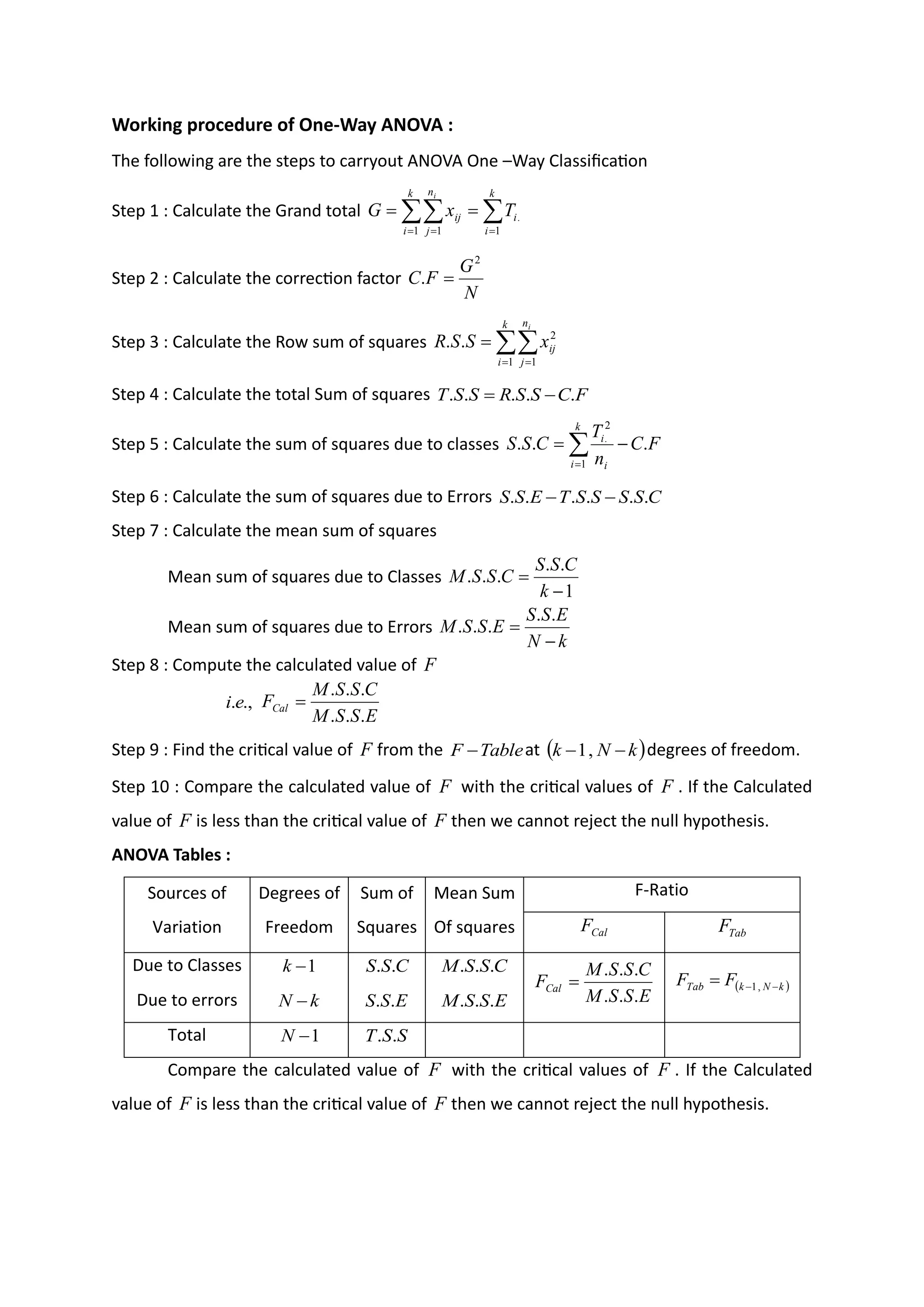 Working procedure of One-Way ANOVA :
The following are the steps to carryout ANOVA One –Way Classification
Step 1 : Calculate the Grand total  
= = =
=
=
k
i
n
j
k
i
i
ij
i
T
x
G
1 1 1
.
Step 2 : Calculate the correction factor
N
G
F
C
2
. =
Step 3 : Calculate the Row sum of squares 
= =
=
k
i
n
j
ij
i
x
S
S
R
1 1
2
.
.
Step 4 : Calculate the total Sum of squares F
C
S
S
R
S
S
T .
.
.
.
. −
=
Step 5 : Calculate the sum of squares due to classes F
C
n
T
C
S
S
k
i i
i
.
.
.
1
2
.
−
= 
=
Step 6 : Calculate the sum of squares due to Errors C
S
S
S
S
T
E
S
S .
.
.
.
.
. −
−
Step 7 : Calculate the mean sum of squares
Mean sum of squares due to Classes
1
.
.
.
.
.
−
=
k
C
S
S
C
S
S
M
Mean sum of squares due to Errors
k
N
E
S
S
E
S
S
M
−
=
.
.
.
.
.
Step 8 : Compute the calculated value of F
.,
.e
i
E
S
S
M
C
S
S
M
FCal
.
.
.
.
.
.
=
Step 9 : Find the critical value of F from the Table
F − at ( )
k
N
k −
− ,
1 degrees of freedom.
Step 10 : Compare the calculated value of F with the critical values of F . If the Calculated
value of F is less than the critical value of F then we cannot reject the null hypothesis.
ANOVA Tables :
Sources of
Variation
Degrees of
Freedom
Sum of
Squares
Mean Sum
Of squares
F-Ratio
Cal
F Tab
F
Due to Classes 1
−
k C
S
S .
. C
S
S
M .
.
.
E
S
S
M
C
S
S
M
FCal
.
.
.
.
.
.
= ( )
k
N
k
Tab F
F −
−
= ,
1
Due to errors k
N − E
S
S .
. E
S
S
M .
.
.
Total 1
−
N S
S
T .
.
Compare the calculated value of F with the critical values of F . If the Calculated
value of F is less than the critical value of F then we cannot reject the null hypothesis.
 