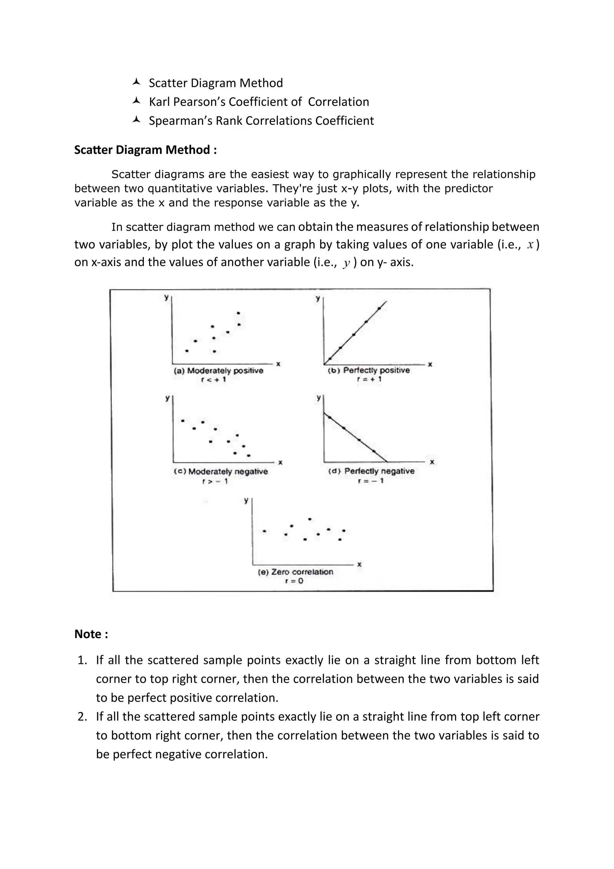  Scatter Diagram Method
 Karl Pearson’s Coefficient of Correlation
 Spearman’s Rank Correlations Coefficient
Scatter Diagram Method :
Scatter diagrams are the easiest way to graphically represent the relationship
between two quantitative variables. They're just x-y plots, with the predictor
variable as the x and the response variable as the y.
In scatter diagram method we can obtain the measures of relationship between
two variables, by plot the values on a graph by taking values of one variable (i.e., x )
on x-axis and the values of another variable (i.e., y ) on y- axis.
Note :
1. If all the scattered sample points exactly lie on a straight line from bottom left
corner to top right corner, then the correlation between the two variables is said
to be perfect positive correlation.
2. If all the scattered sample points exactly lie on a straight line from top left corner
to bottom right corner, then the correlation between the two variables is said to
be perfect negative correlation.
 