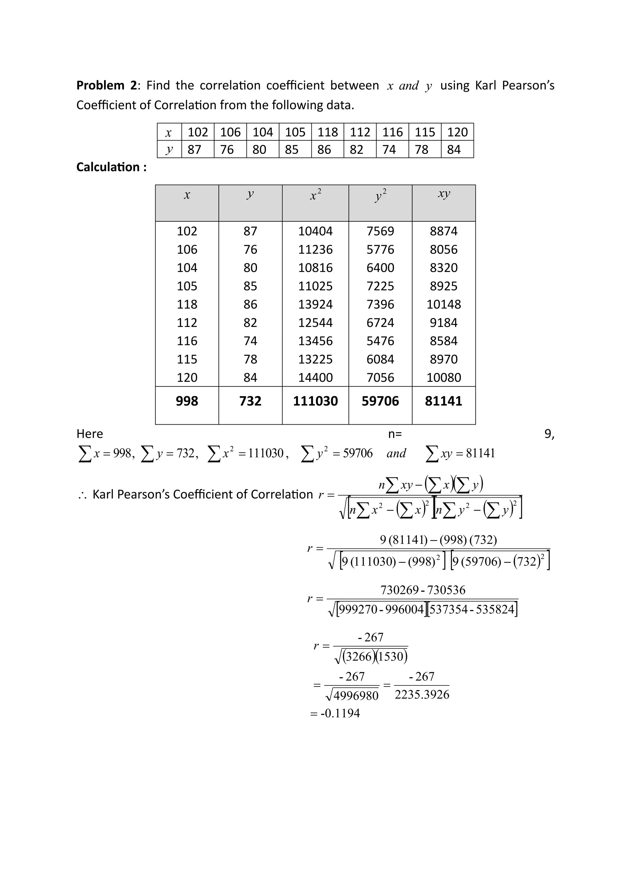 Problem 2: Find the correlation coefficient between y
and
x using Karl Pearson’s
Coefficient of Correlation from the following data.
x 102 106 104 105 118 112 116 115 120
y 87 76 80 85 86 82 74 78 84
Calculation :
x y 2
x 2
y xy
102
106
104
105
118
112
116
115
120
87
76
80
85
86
82
74
78
84
10404
11236
10816
11025
13924
12544
13456
13225
14400
7569
5776
6400
7225
7396
6724
5476
6084
7056
8874
8056
8320
8925
10148
9184
8584
8970
10080
998 732 111030 59706 81141
Here n= 9,
     =
=
=
=
= 81141
59706
,
111030
,
732
,
998 2
2
xy
and
y
x
y
x
 Karl Pearson’s Coefficient of Correlation
( )( )
( )
  ( )
 
 
 
 

−
−
−
=
2
2
2
2
y
y
n
x
x
n
y
x
xy
n
r
  ( )
 
2
2
732
)
59706
(
9
)
998
(
)
111030
(
9
)
732
(
)
998
(
)
81141
(
9
−
−
−
=
r
  
535824
-
537354
996004
-
999270
730536
-
730269
=
r
( )( )
-0.1194
2235.3926
267
-
4996980
267
-
1530
3266
267
-
=
=
=
=
r
 