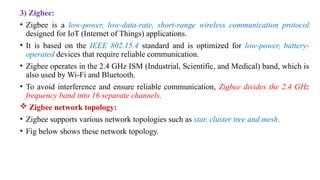 3) Zigbee:
• Zigbee is a low-power, low-data-rate, short-range wireless communication protocol
designed for IoT (Internet of Things) applications.
• It is based on the IEEE 802.15.4 standard and is optimized for low-power, battery-
operated devices that require reliable communication.
• Zigbee operates in the 2.4 GHz ISM (Industrial, Scientific, and Medical) band, which is
also used by Wi-Fi and Bluetooth.
• To avoid interference and ensure reliable communication, Zigbee divides the 2.4 GHz
frequency band into 16 separate channels.
 Zigbee network topology:
• Zigbee supports various network topologies such as star, cluster tree and mesh.
• Fig below shows these network topology.
 