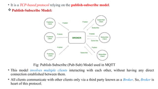 • It is a TCP-based protocol relying on the publish-subscribe model.
 Publish-Subscribe Model:
Fig: Publish-Subscribe (Pub-Sub) Model used in MQTT
• This model involves multiple clients interacting with each other, without having any direct
connection established between them.
• All clients communicate with other clients only via a third party known as a Broker. So, Broker is
heart of this protocol.
 