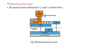  Bluetooth protocol stack:
• The protocol stack of Bluetooth 1,2, and 3 is shown below.
Fig: Bluetooth protocol stack
 