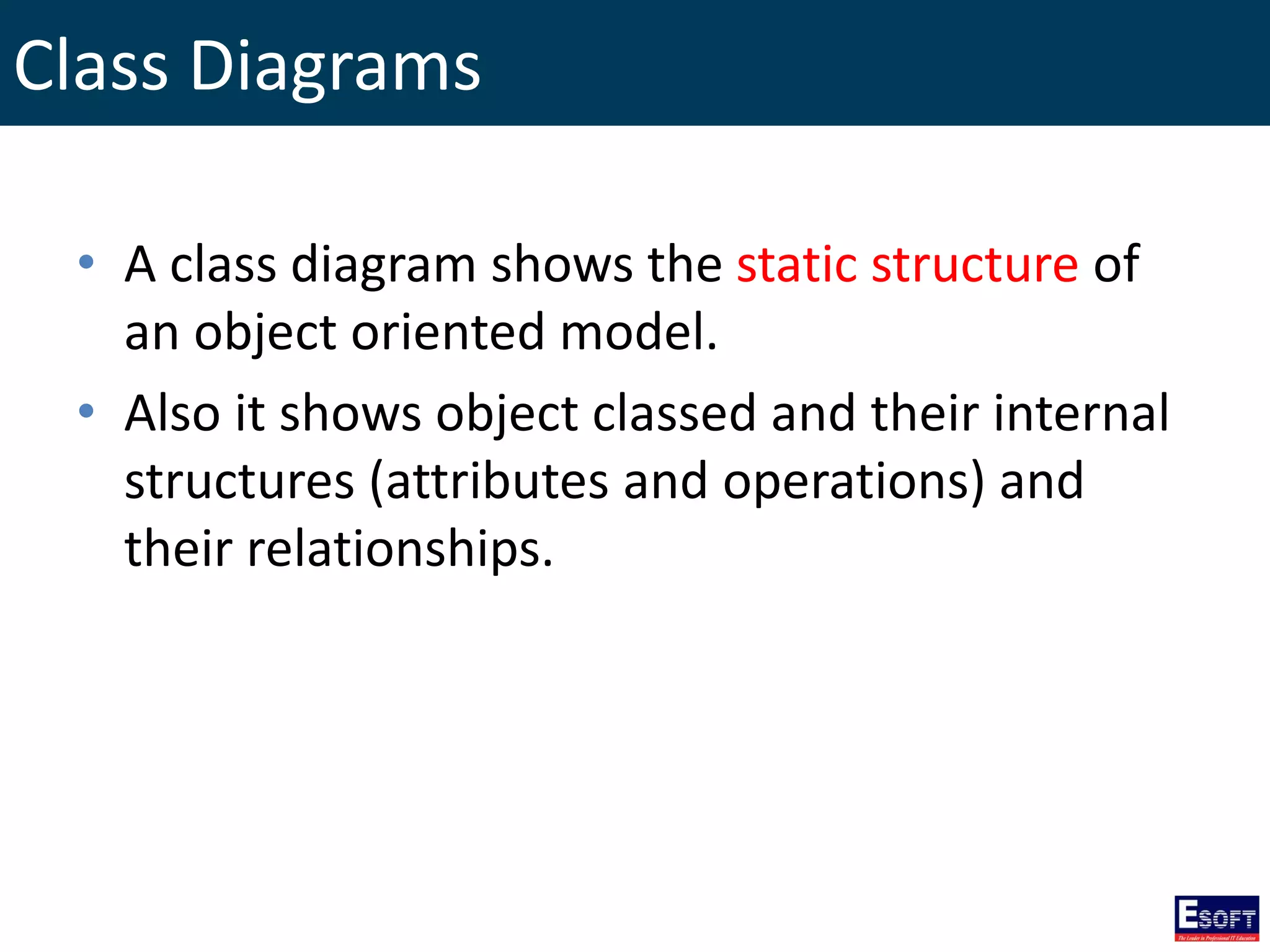 Class Diagrams
• A class diagram shows the static structure of
an object oriented model.
• Also it shows object classed and their internal
structures (attributes and operations) and
their relationships.
 