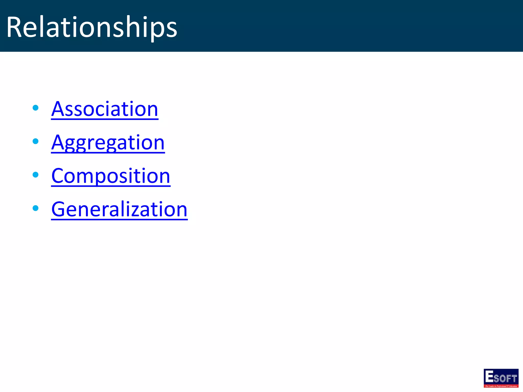 Relationships
• Association
• Aggregation
• Composition
• Generalization
 