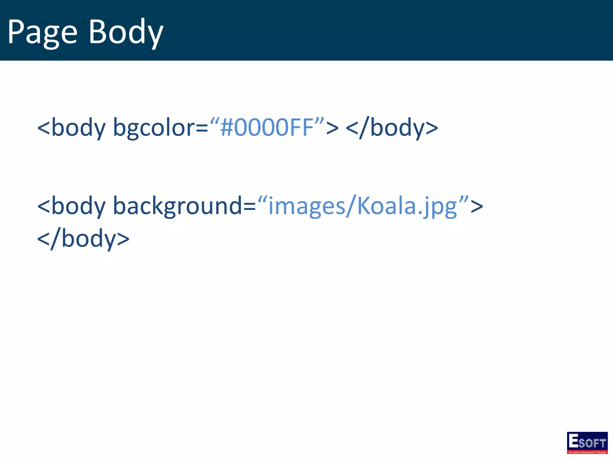 Page Body
<body bgcolor=“#0000FF”> </body>
<body background=“images/Koala.jpg”>
</body>
 