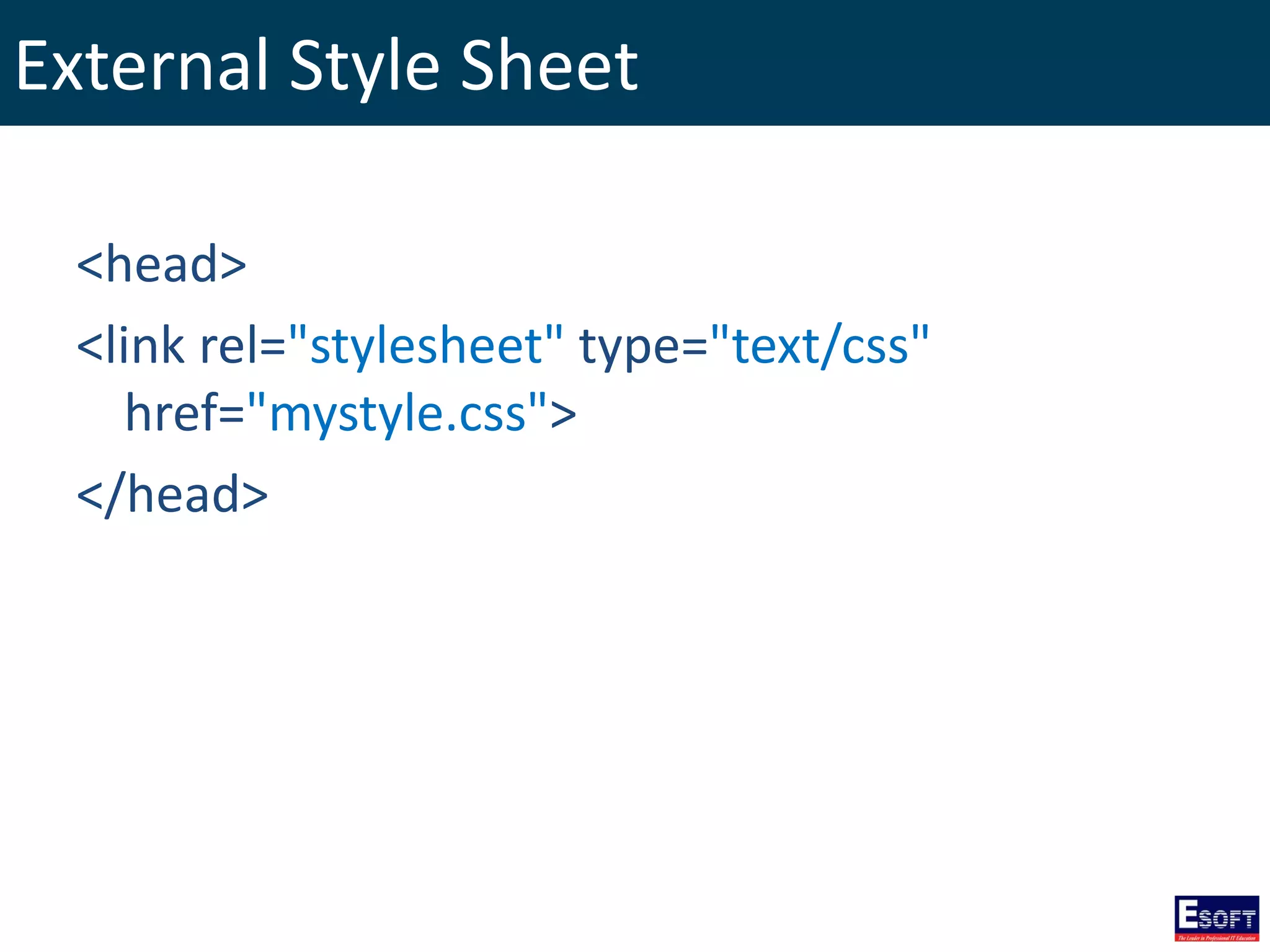 External Style Sheet
<head>
<link rel="stylesheet" type="text/css"
href="mystyle.css">
</head>
 