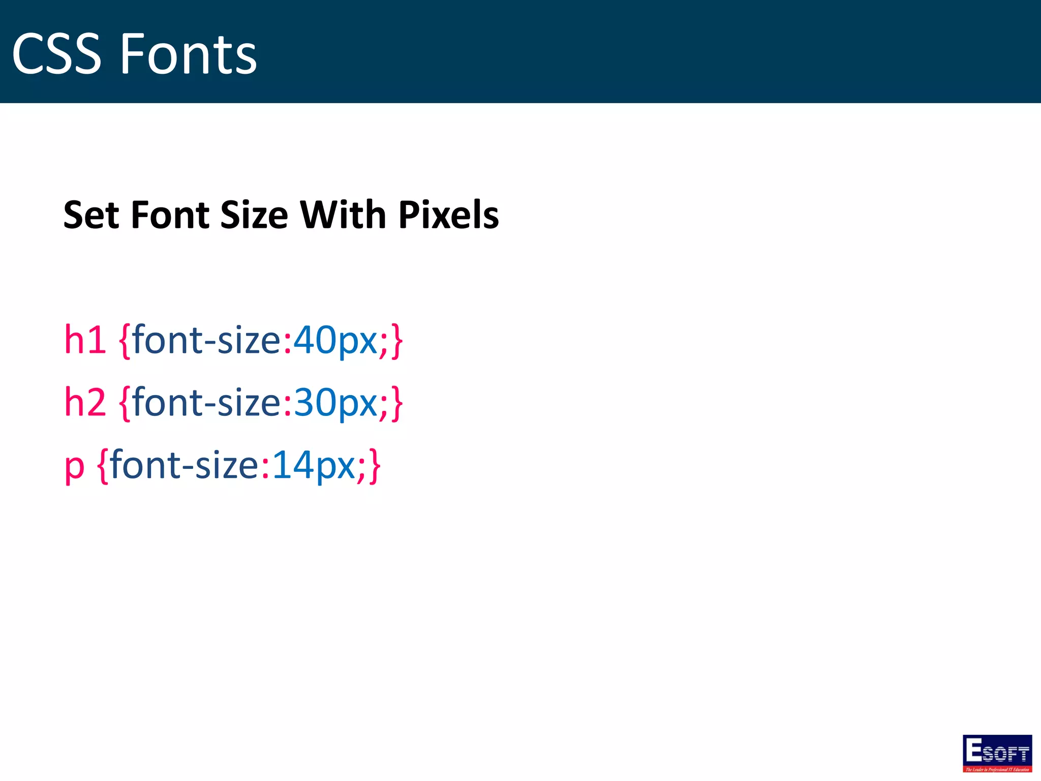 CSS Fonts
Set Font Size With Pixels
h1 {font-size:40px;}
h2 {font-size:30px;}
p {font-size:14px;}
 