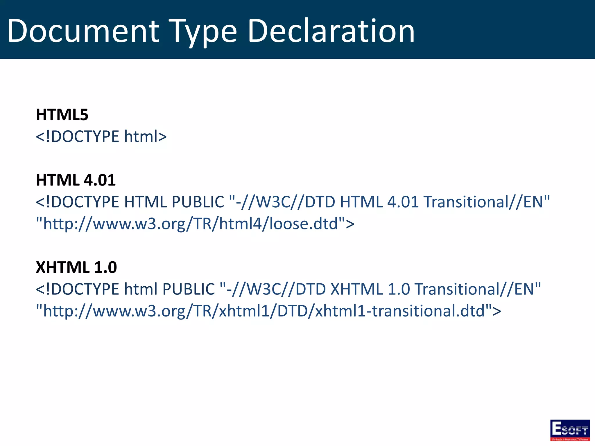 Document Type Declaration
HTML5
<!DOCTYPE html>
HTML 4.01
<!DOCTYPE HTML PUBLIC "-//W3C//DTD HTML 4.01 Transitional//EN"
"http://www.w3.org/TR/html4/loose.dtd">
XHTML 1.0
<!DOCTYPE html PUBLIC "-//W3C//DTD XHTML 1.0 Transitional//EN"
"http://www.w3.org/TR/xhtml1/DTD/xhtml1-transitional.dtd">
 