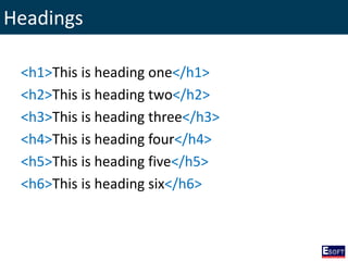 Headings
<h1>This is heading one</h1>
<h2>This is heading two</h2>
<h3>This is heading three</h3>
<h4>This is heading four</h4>
<h5>This is heading five</h5>
<h6>This is heading six</h6>
 
