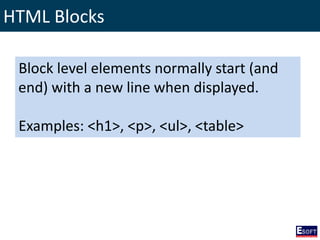 HTML Blocks
Block level elements normally start (and
end) with a new line when displayed.
Examples: <h1>, <p>, <ul>, <table>
 