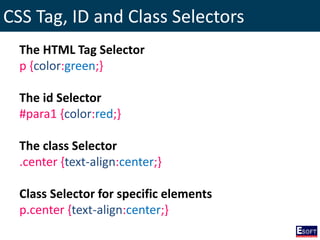 CSS Tag, ID and Class Selectors
The HTML Tag Selector
p {color:green;}
The id Selector
#para1 {color:red;}
The class Selector
.center {text-align:center;}
Class Selector for specific elements
p.center {text-align:center;}
 
