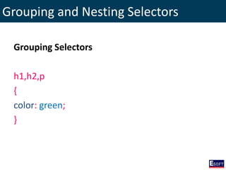 Grouping and Nesting Selectors
Grouping Selectors
h1,h2,p
{
color: green;
}
 